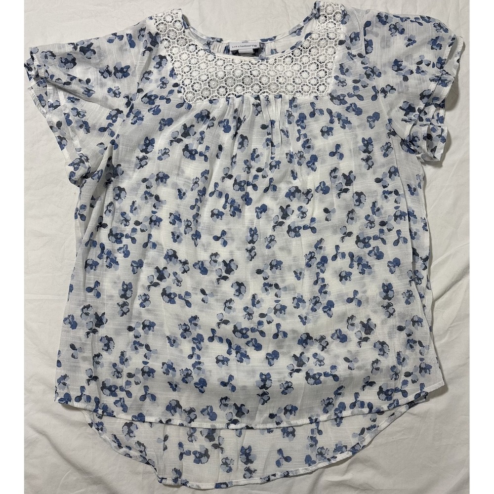 Liz Claiborne Womens Floral Blouse Top White Crochet Lace Yoke Flutter Sleeve L